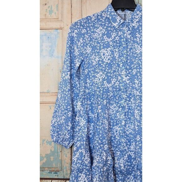 Stradivarius Womens Small Blue Floral Bishop Sleeve Ruffle Hem Mini Shirt Dress - Picture 4 of 8